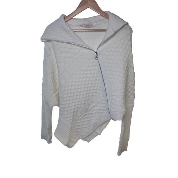 Elan Sweaters - Elan White Cable Knit Asymmetrical Zip Poncho Sweater Womens L Large